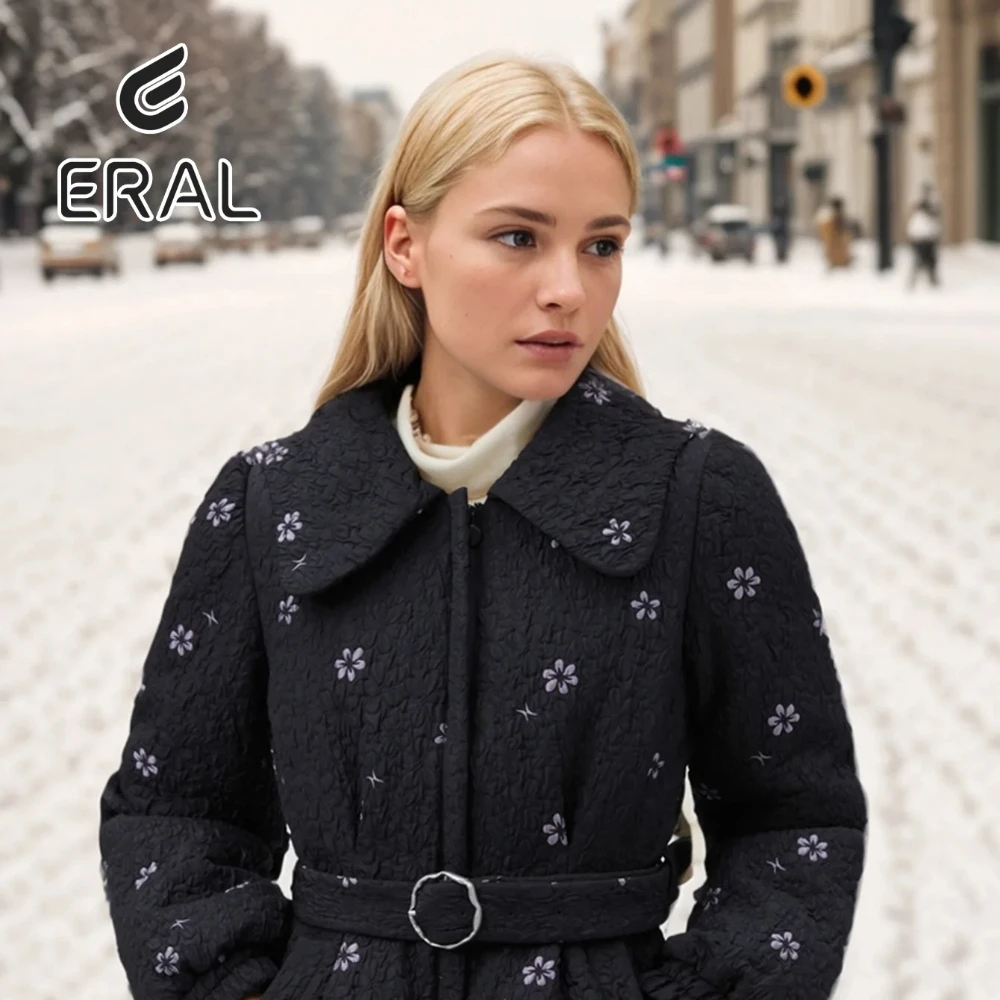 Eral Women's down jacket short lapel pockets warm loose version small flower polyester fiber nylon white black