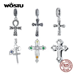 WOSTU 100% Real 925 Sterling Silver Cross Charm Zircon Bead Crosses Pendant Fit Original Bracelet DIY Necklace Religion Jewelry