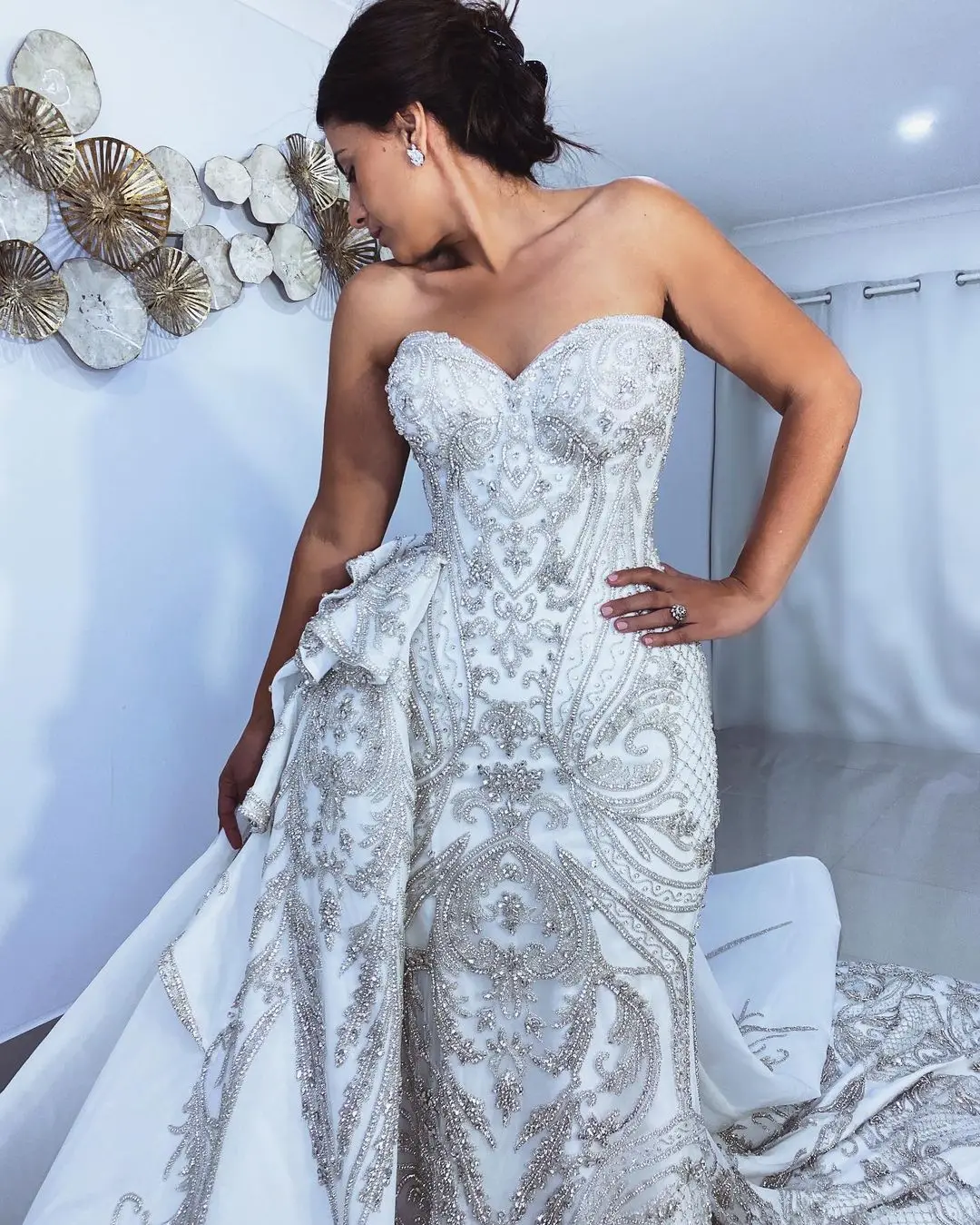 Luxury Fluffy Wedding Dress Vestidos De Novia Crystal Beads Sweetheart Neck Bridal Mermaid Dresses Custom Made