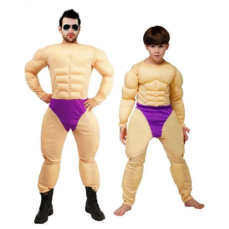 

Adult Children Muscle Suit Muscle Man Onesie Party Performance Costume Funny Fake Abs Halloween Role Play Stage Outfit