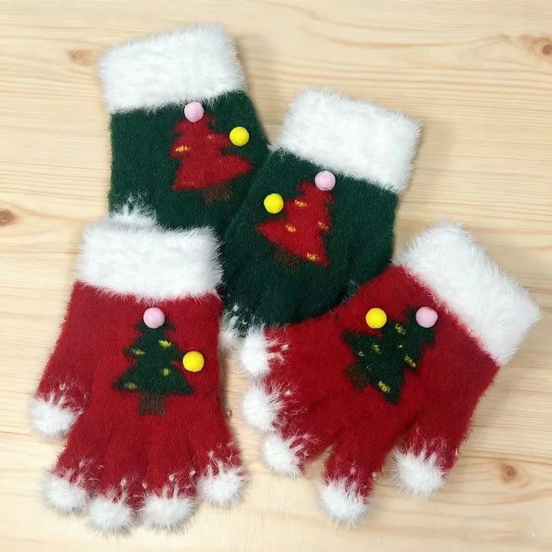 Soft Winter Warm Thickened Plush Furry Touch Screen Fingerless Gloves Snowflake Christmas Tree Pattern for Women Students