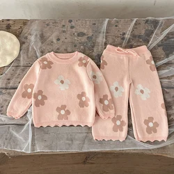 2024 New Autumn Children Knitted Clothes Suit Infant Baby Girls Knitted Clothing Set Long Sleeved Cotton Printed Sweater+Pants