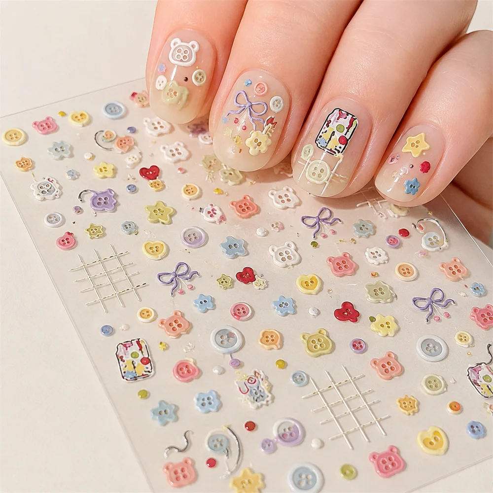 1Pc Cute 5D Embossed Summer Button Nail Stickers Self‑Adhesive Cartoon Sewing Grid Bow Flower Decals Sweet DIY Nail Accessories