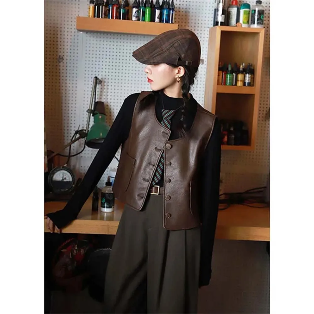سترة جلدية المرأة الخريف جديد الرجعية التصميم البريطاني المتخصصة جولة الرقبة سترة قصيرة سترة الكتف سترة جلدية البني XQ149