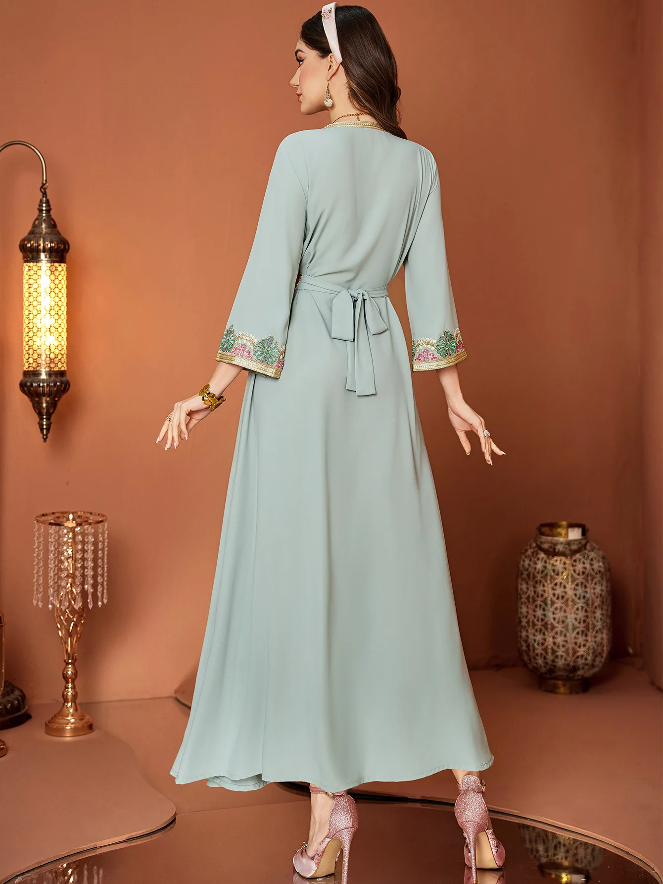 Eid Robe musulmane femmes Abaya dentelle faux 2 pièces col en V robes longues robes Largos fête Caftan Jalabiya Ramadan longue Robe 2025