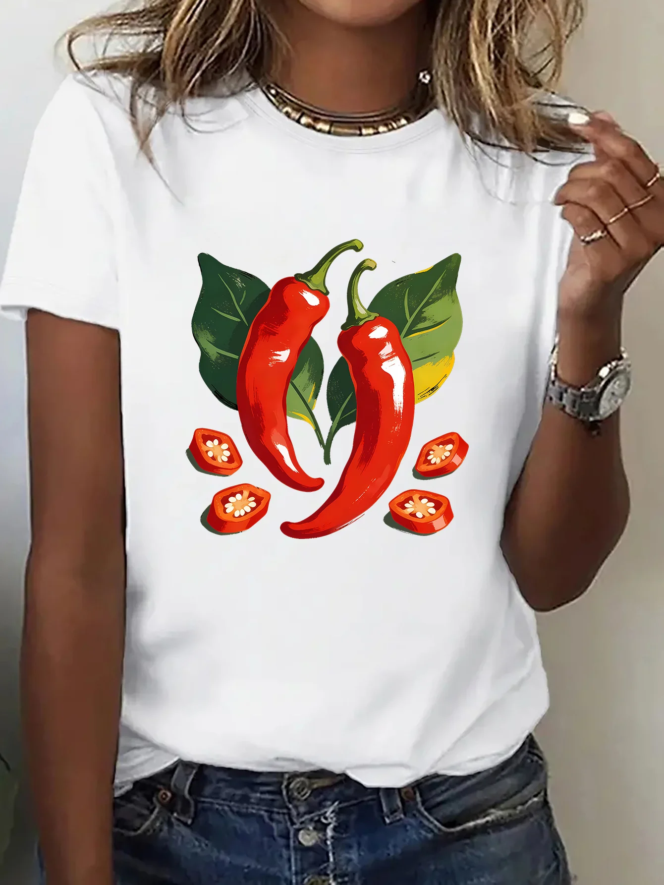 Cute Red Chili Pepper With Green Leaves Fresh Vegetable Art Print Graphic Ladies T Shirt Short Sleeve Crew Neck Casual Tee Tops