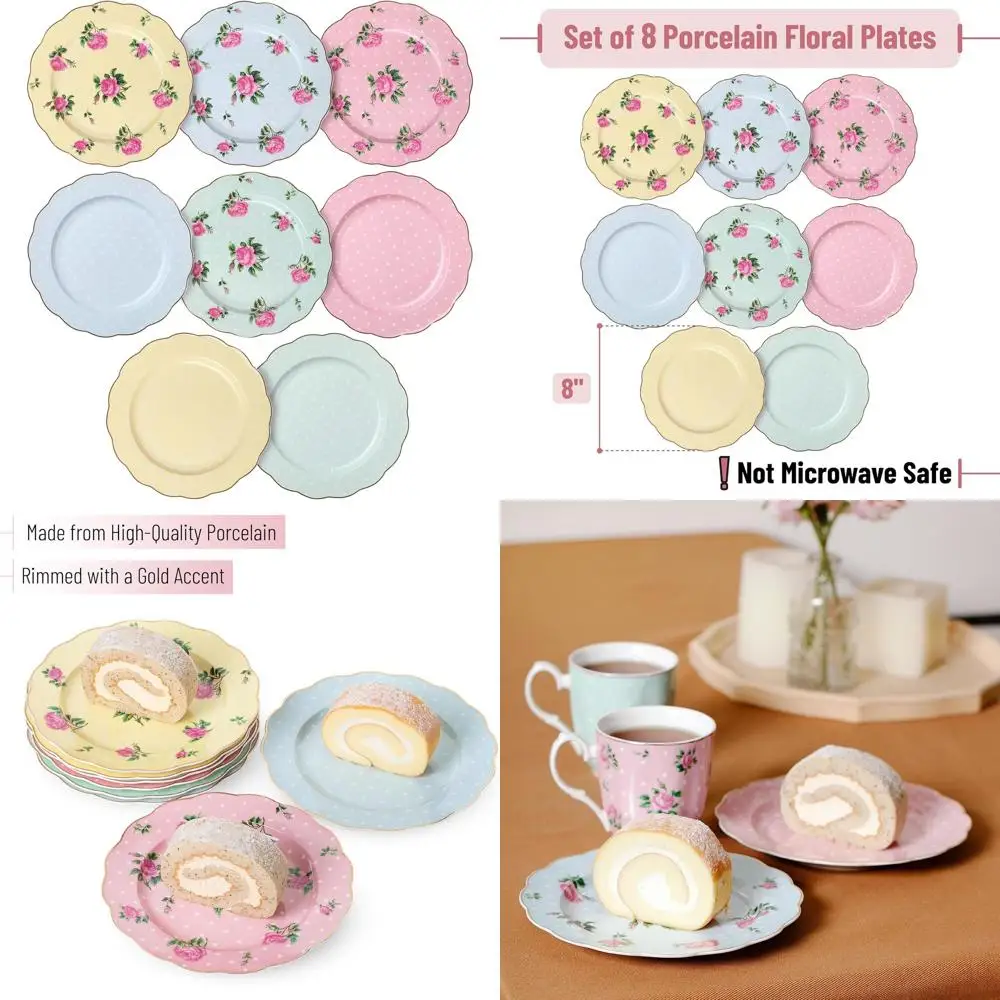 

Set of 8 8-Inch Pastel Floral Plates with Gold Rim, Spring Dinnerware, Dishwasher and Freezer Safe
