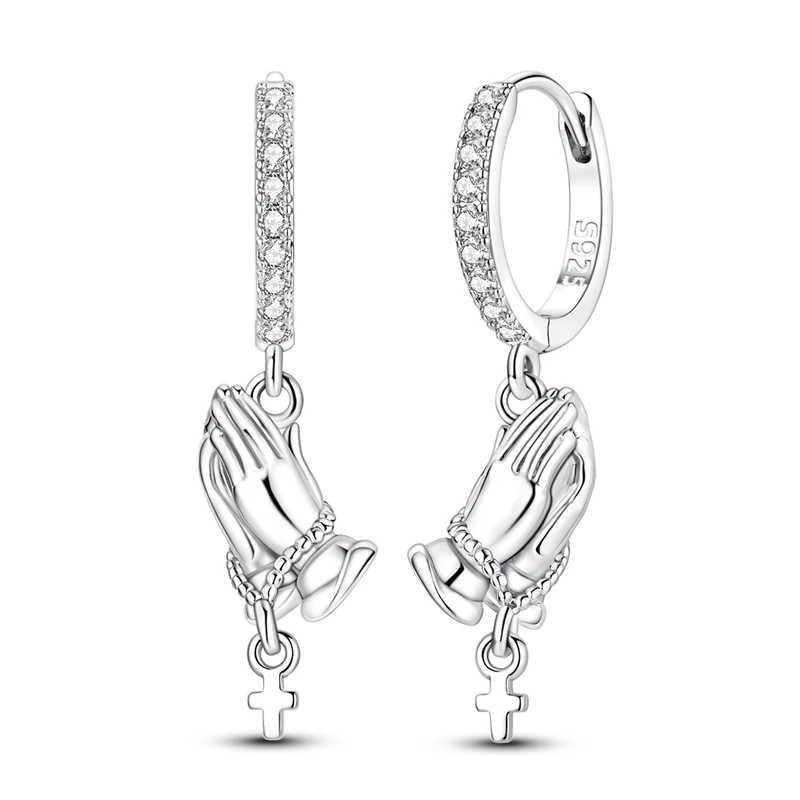 Praying Hands Cross Dangle Huggie Hoop Earrings 925 Sterling Silver Full Pave CZ Ear Buckle Faith Prayer & Blessing Jewelry Gift