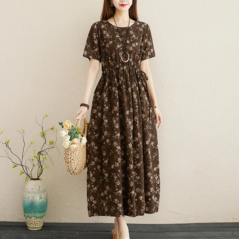 

2021 New Arrival Linen Cotton Loose Long Summer Dress Print Floral Draw String Slim Women Travel Casual Midi Dress Vintage Dress