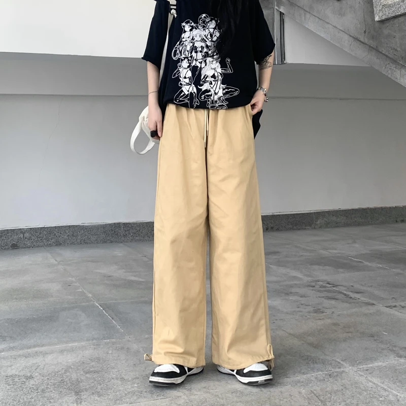 

Женские повседневные свободные прямые брюки с высокой талией и широкими штанинами в корейском стиле, хлопковые карго-брюки для женщин больших размеров