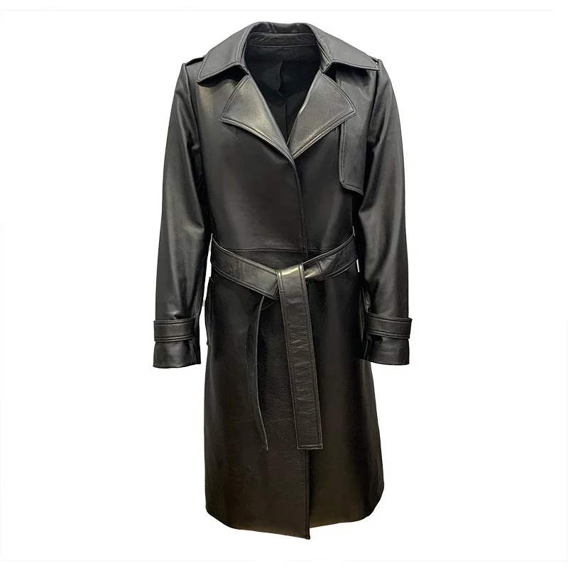 2022 Spring Autumn Women Leather Trench Lady Genuine Sheepskin Long Coats Windbreaker Female Leather Overcoat TS4850