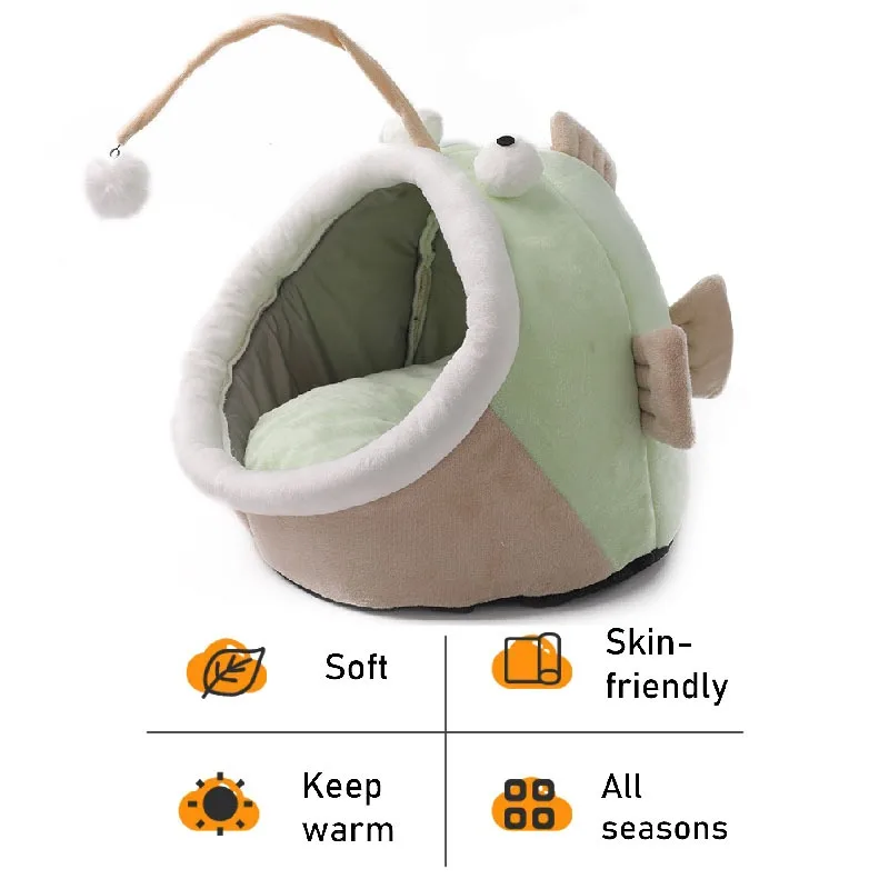 Indoor Cat Bed Warm Cat Dog Cave with Hanging Toy Fun Cartoon Pet Puppy Cat Bed Anti-Slip Soft Pet Sofa House Removable Washable