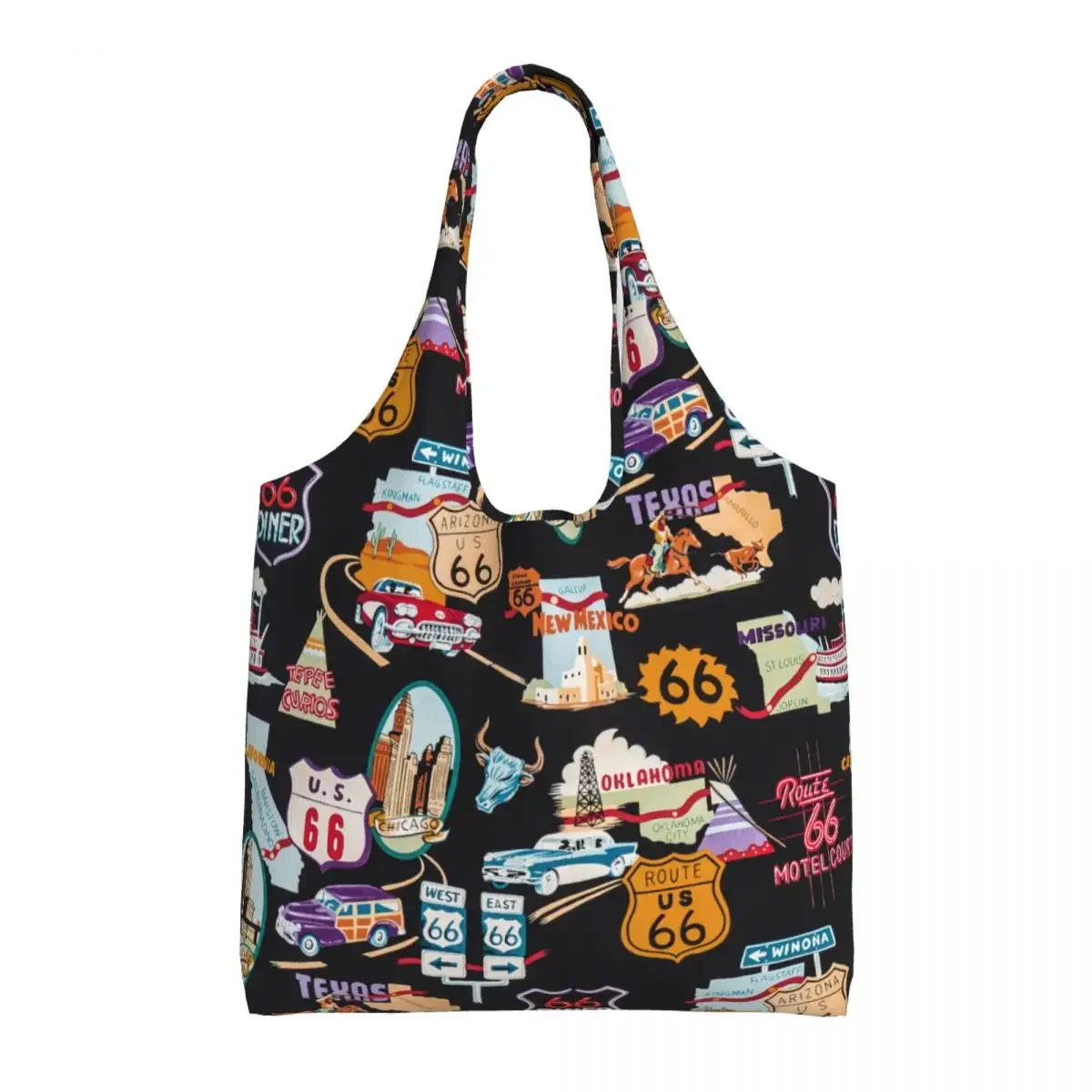 Vintage Route 66 Groceries Shopping Tote Bags Women Custom America Road Map Canvas Shopper Shoulder Bags Large Capacity Handbag