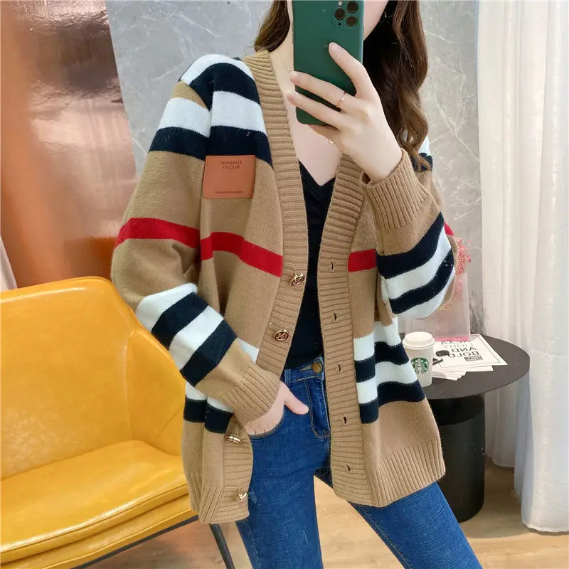 Striped Knitted Cardigan Jacket for Women\'s Spring and Autumn New Vintage Loose and Gentle Sweater Korean Version Lazy Style Jac