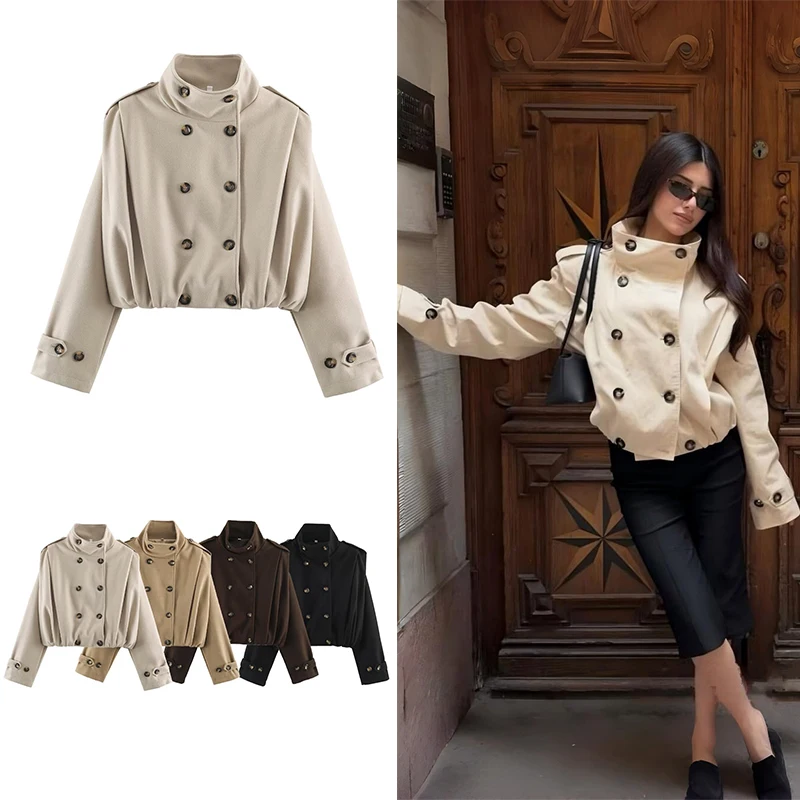 Guobioziy 2026 Autumn Short Jacket Retro Stand Collar Double-Breasted Loose Drop Shoulder Epaulet Casual Commuter Street Fashion
