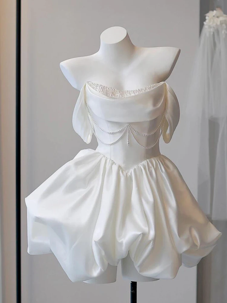 

Ele ort Satin Wedding Dr One oulder Pearl Embellied mid Waist Ball Gown White Dr for Engagement Birthday Par