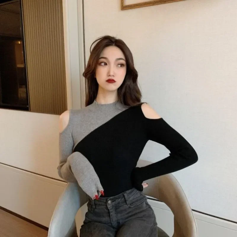 Tops Woman New in Knitwears Sexy Slim Off Shoulder Long Sleeve T Shirt for Women Chic and Elegant One Size Casual Nylon Original