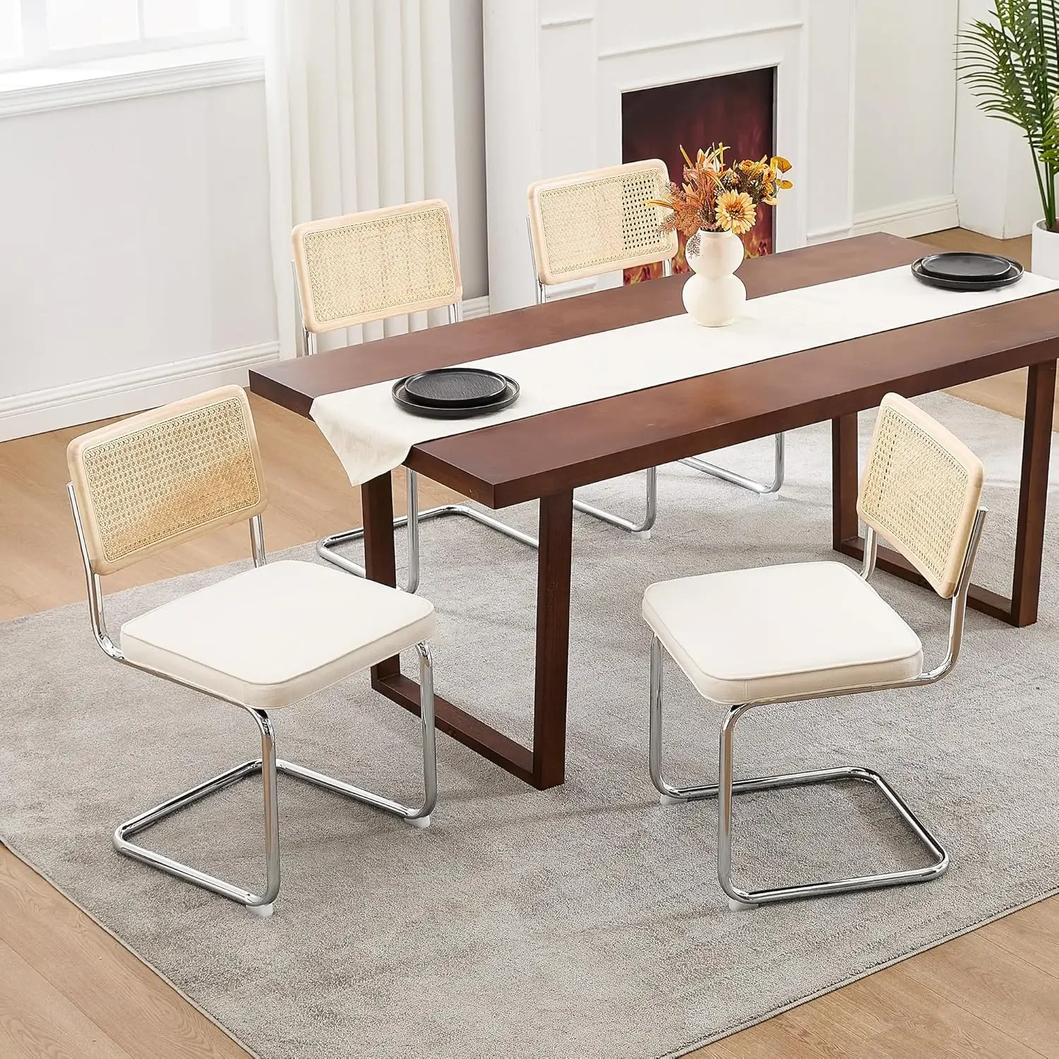 XMSJ. مجموعة كراسي تناول الطعام من الروطان الطبيعي مكونة من 2، كراسي طعام حديثة لمنتصف القرن مع ظهر من الخشب الصلب وقاعدة من الكروم، للمطبخ Liv #6