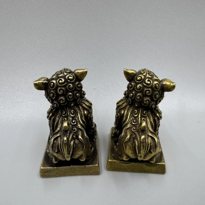 Antique Collectible Bronze Pair Ornament, Pure Brass Lion Seal Decorative Craft