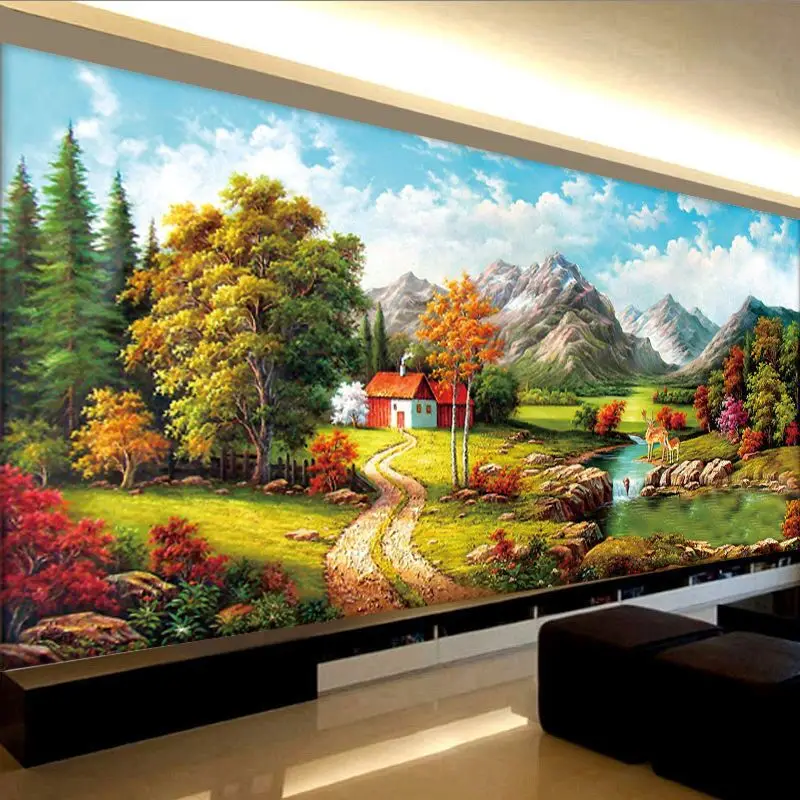 

European Style Cross Stitch Wealth New 2023 Handmade Living Room Countryside Landscape Lucky Deer Mountain Painting