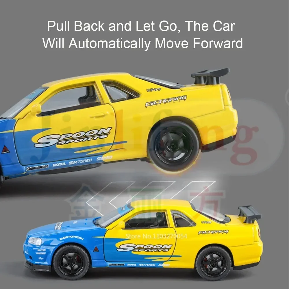 1:32 SKYLINE GTR R50 Model Zabawka Samochód Sportowy Odlew Stopowy 4 Otwierane Drzwi Dźwięk Światło Napęd Pull Back Gumowe Opony Pojazd Prezent dla Dzieci