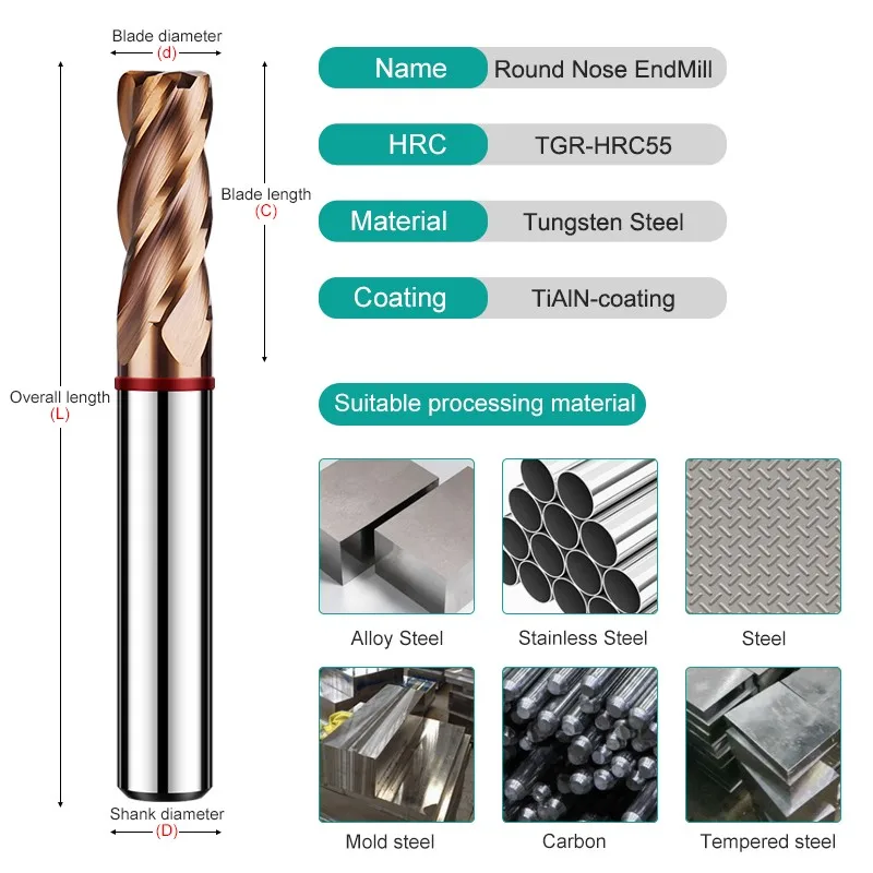 YIFINO TGR-HRC55 4-Flute Color Circle Round Nose Milling Cutter Tungsten Steel Carbide CNC Mechanical Machining End Mill Tools