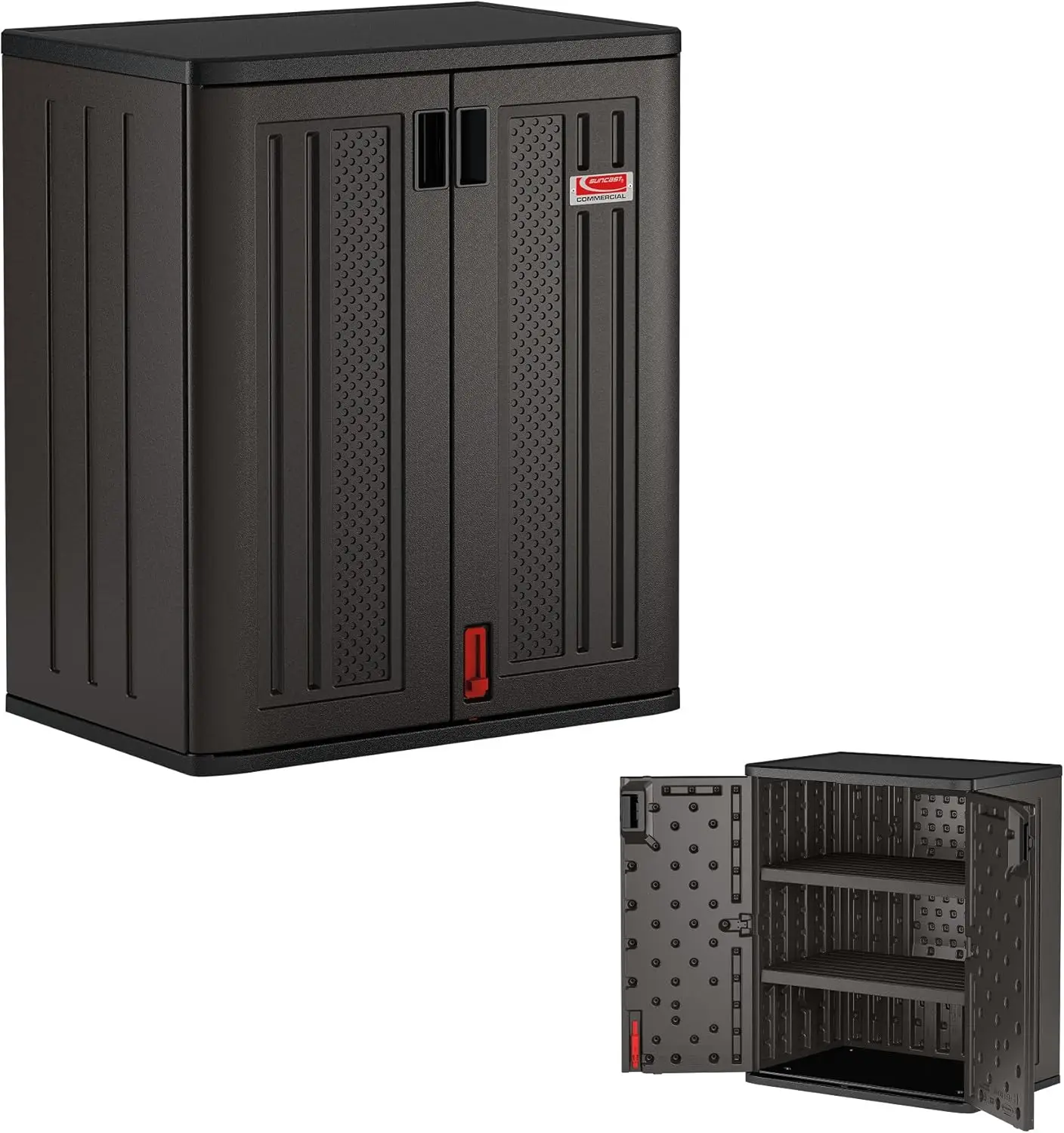 Suncast Heavy Duty Resin Outdoor Storage Cabinet 30 W x 20 25 D x 36 H Dark Grey Base Garage Storage Cabinet with Lockable