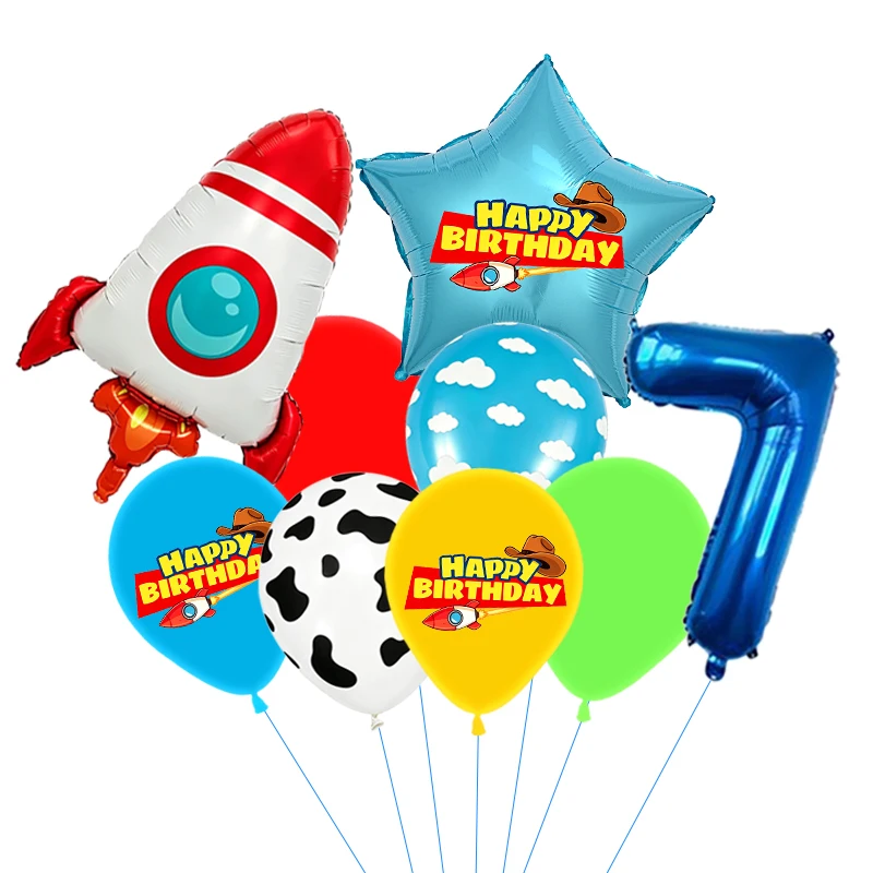 Rote, gelbe und grüne Spielzeugballons, hellblaue Ballons mit Wolken- und Kuhmuster für die Dekorationen zu Babystory- und Cowboy-Partys – Detail 8