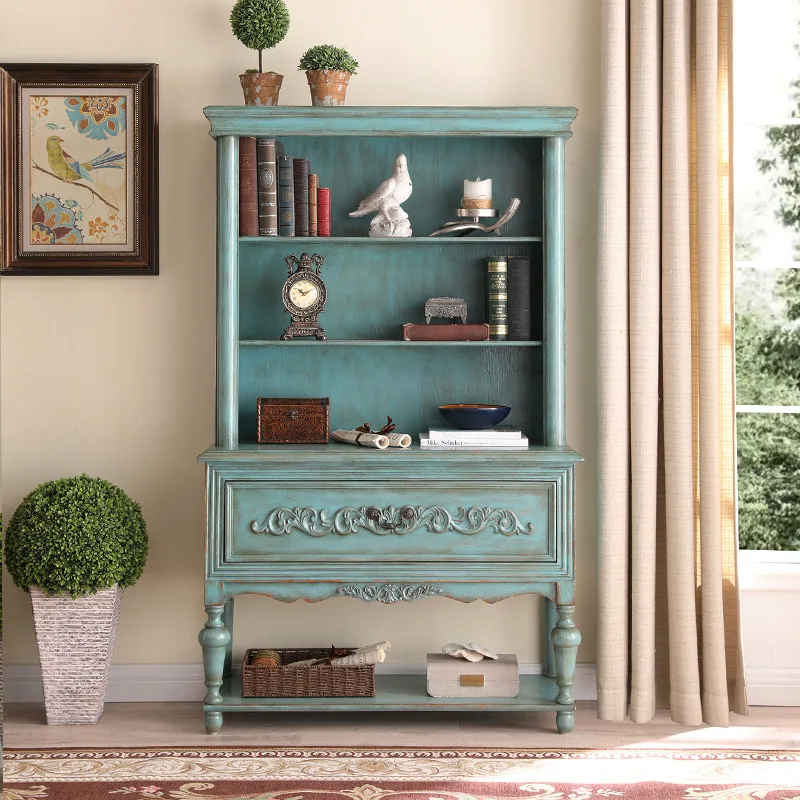 American solid wood bookcase retro carved wall decorative cabinet household living room locker corner cabinet