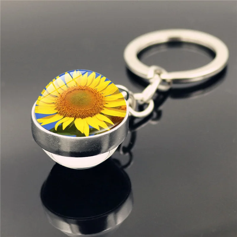 Schlüsselanhänger mit Sonnenblumenmuster, doppelseitiger Glaskugel-Anhänger, Metall-Schlüsselanhänger, klassisches Geschenk – Detail 7