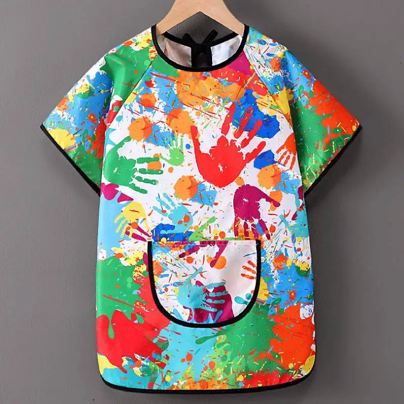 Children's Painting Apron Painting Cover Waterproof Summer Short Sleeve Art Reverse Wearing Protective Kindergarten Dining Bib