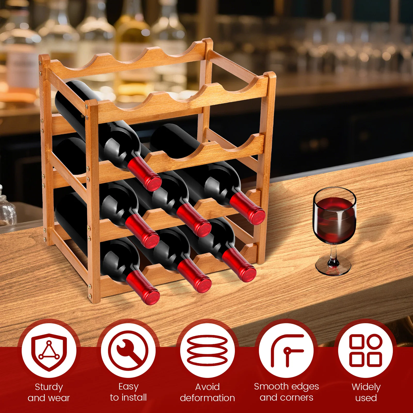 12/16 Bottle Slot Wine Rack Wood 4 Tier Bottle Wine Storage Rack Compact Counter Wine Display Shelf for Bar Kitchen Dining Room