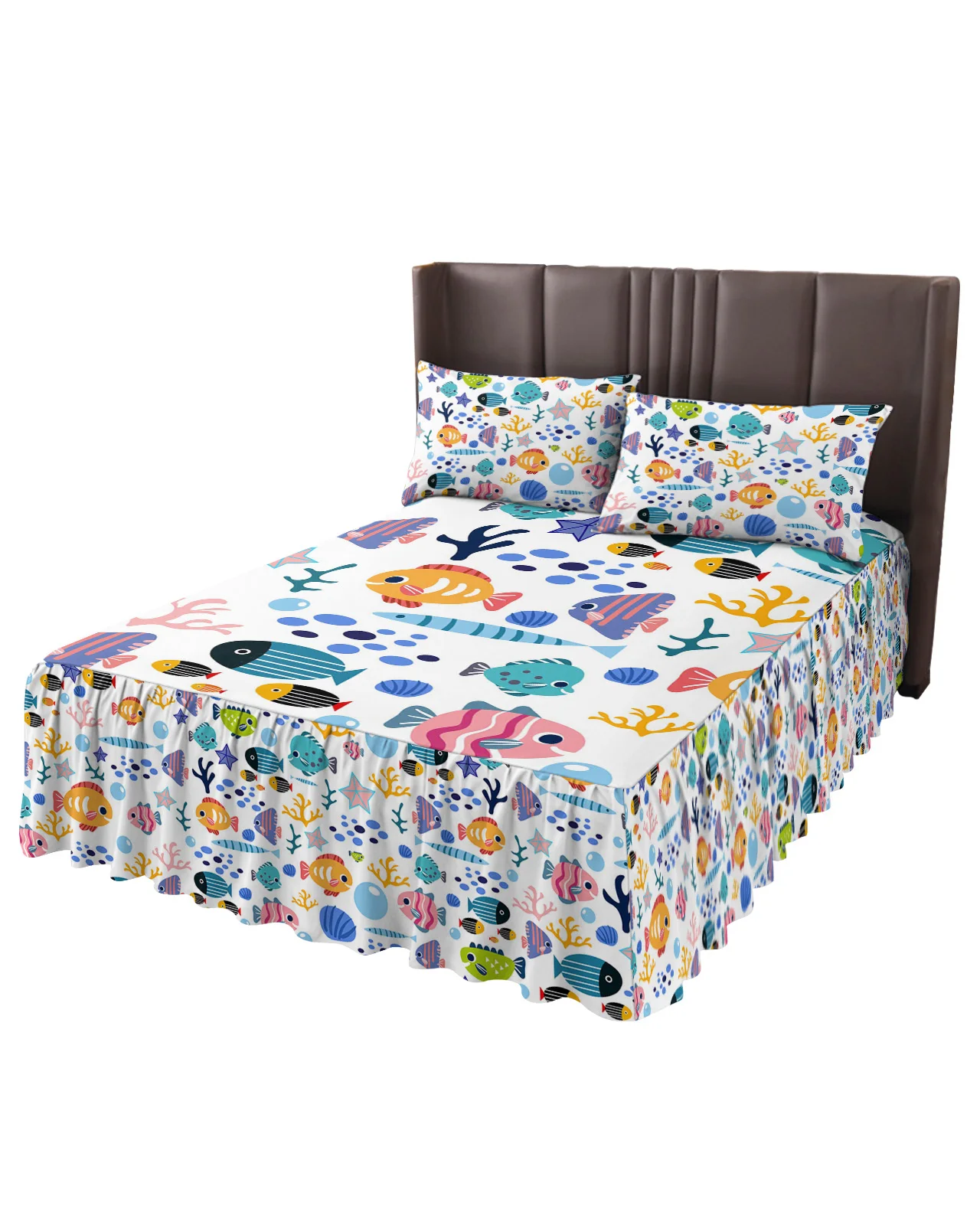 Cartoon Animals Fish Coral Shells Bed Skirt Elastic Fitted Bedspread With Pillowcases Mattress Cover Bedding Set Bed Sheet