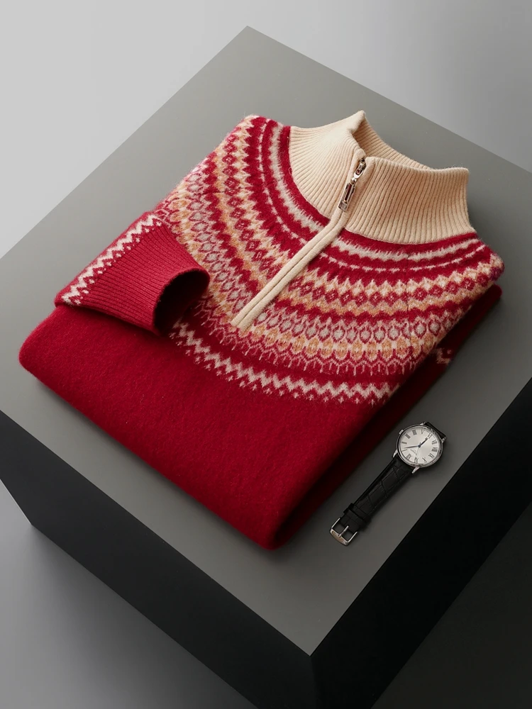 American Retro Autumn Winter Sweater Men's Clothing 100% Merino Wool Pullover Sweater Half Zip Trend Thicked Knitted Inside Join