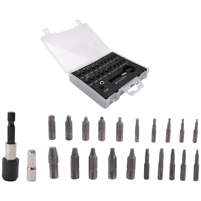 AEE6-Damaged Screw Extractor Set,22 PCS Stripped Screw Extractor Kit, HSS Broken Screw Remover Set With Bit & Socket Adapter
