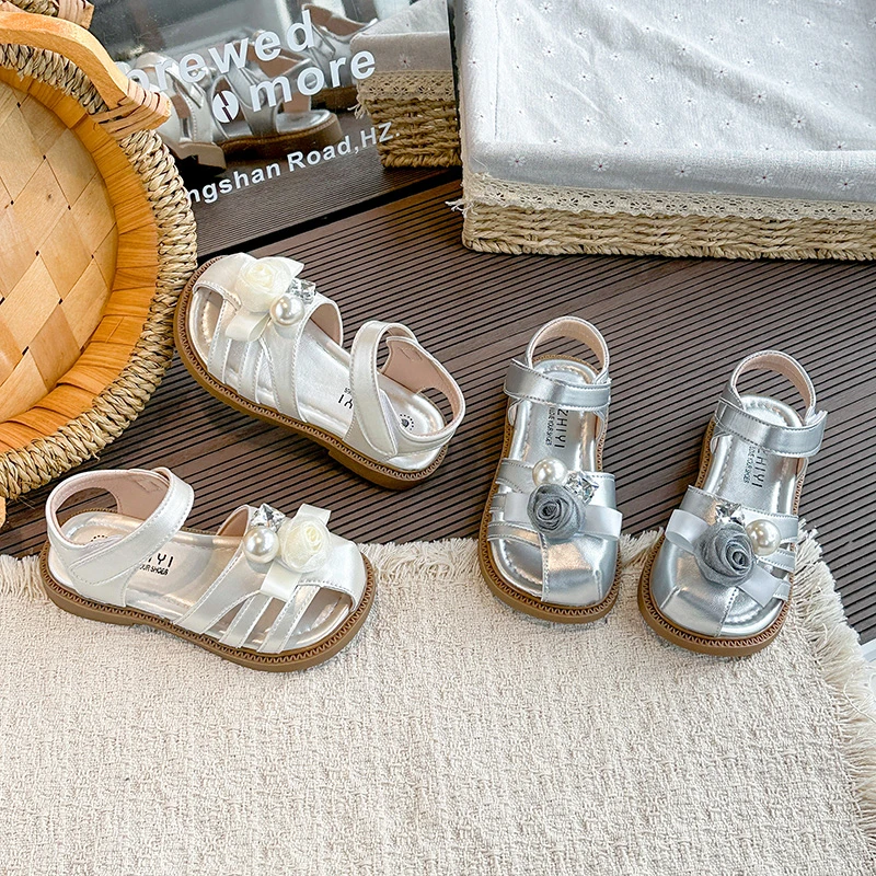 Girls Toes Capped Sandals with Flowers Soft Sole Hook & Loop Children Summer Princess Dress Shoes Kids Hollow Out Sandals