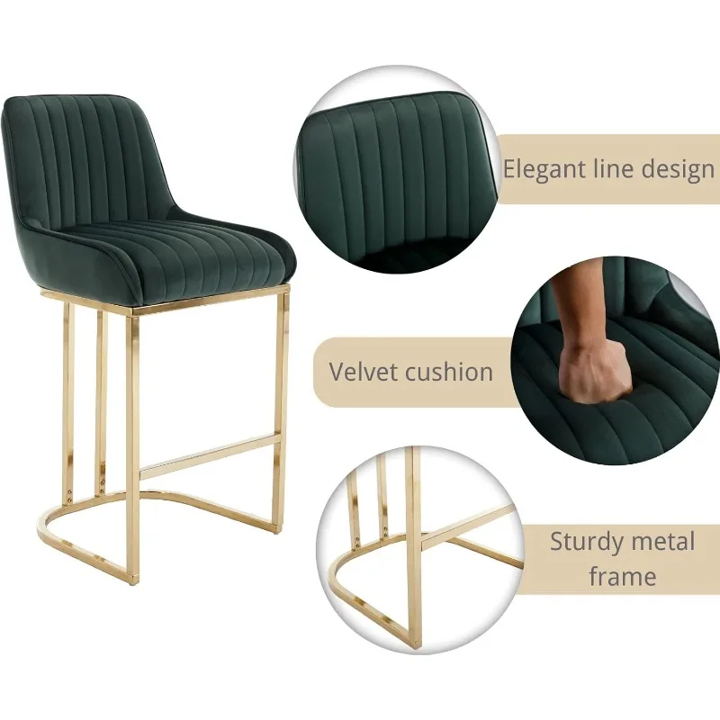 Green Modern Counter Height Bar Stools Set of 2 Comfortable Velvet Upholstered Breakfast Barstools with Back and Gold Base image 3