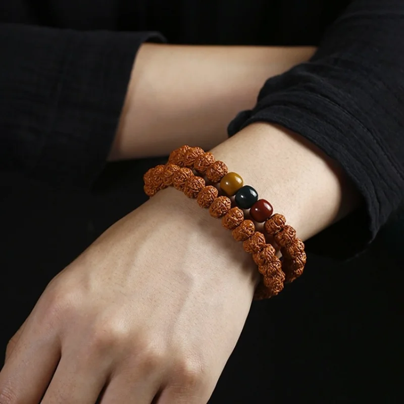 

Premium small Rudraksha seed bracelet, unisex Buddhist prayer bead accessory, Alashan agate