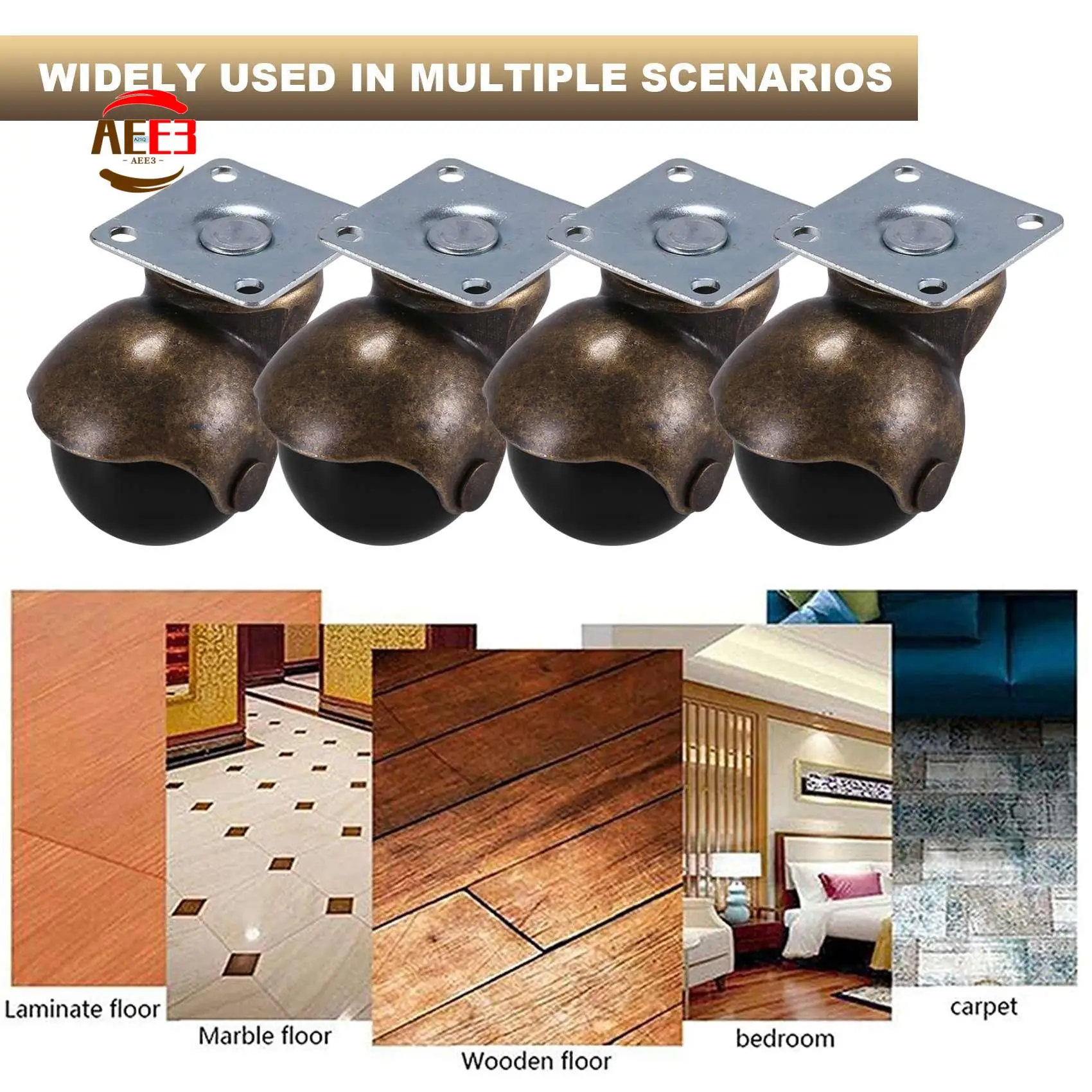 AEE3-[4 Pack] Swivel Top Plate Hooded Ball Caster Wheels, Antique Bronze (1.5-Inch No Brake)