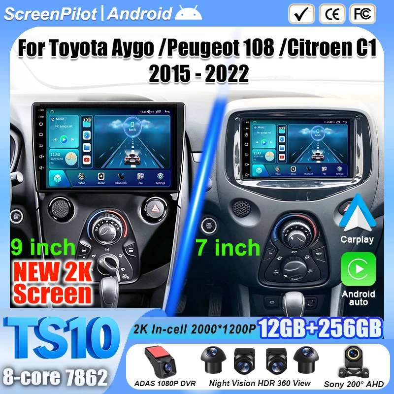 7/10 Inch Android 16 For Toyota Aygo B40 2014-2021 For Peugeot 108 For Citroen C1 2016-2020 Car Radio Stereo Head Unit 2K QLED