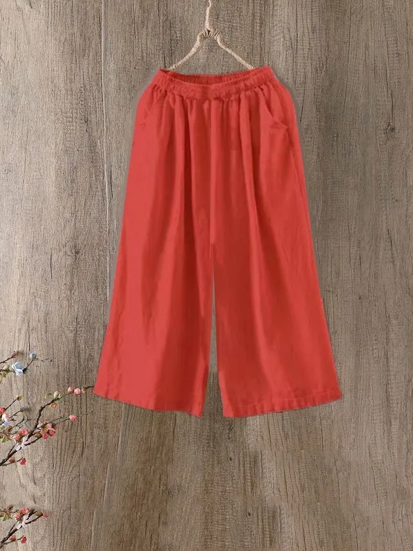 Coton lin taille élastique ample mince grande taille pantalons décontractés taille haute minceur sept-quarts longueur femmes Faion