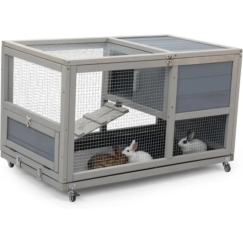 Fashion Wooden 36Inches Rabbit Hutch Outdoor with Wheels Bunny Cage Indoor Durable Rabbit Cage with Removable Tray