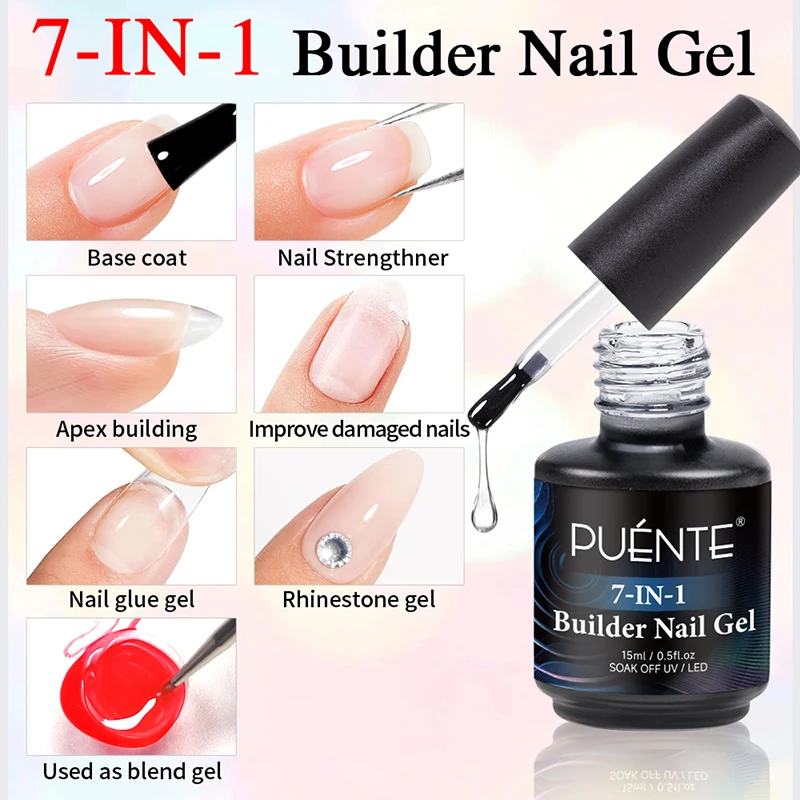 

PUENTE 15ML 7-in-1 Clear Thick Base Gel For Press On Nails Strengthener Quick-Build Broken Nails Soak Off UV Nail Art Varnish