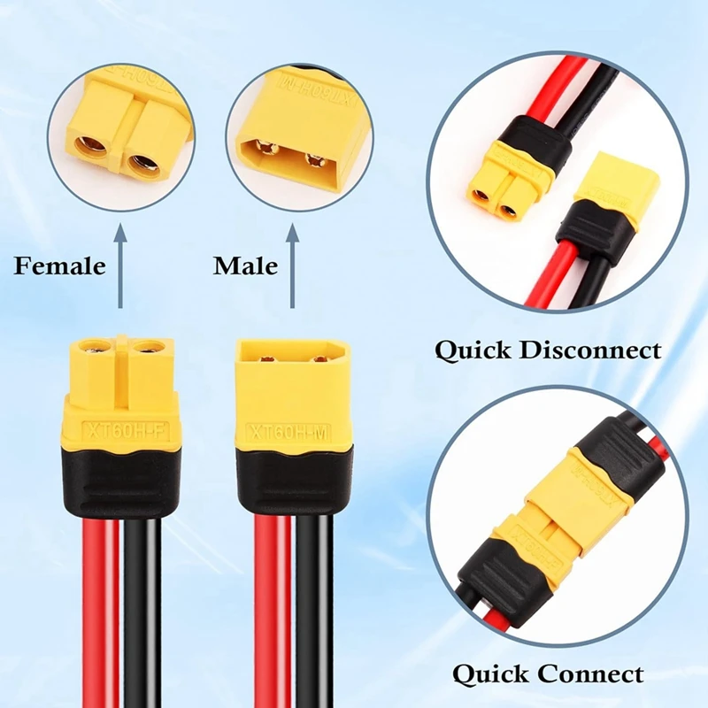 태양 전지 패널 RC 배터리 예비 부품용 수-암 커넥터가 있는 XT60 익스텐션 케이블, 12AWG 1FT XT60 ~ XT60 케이블, 2 개