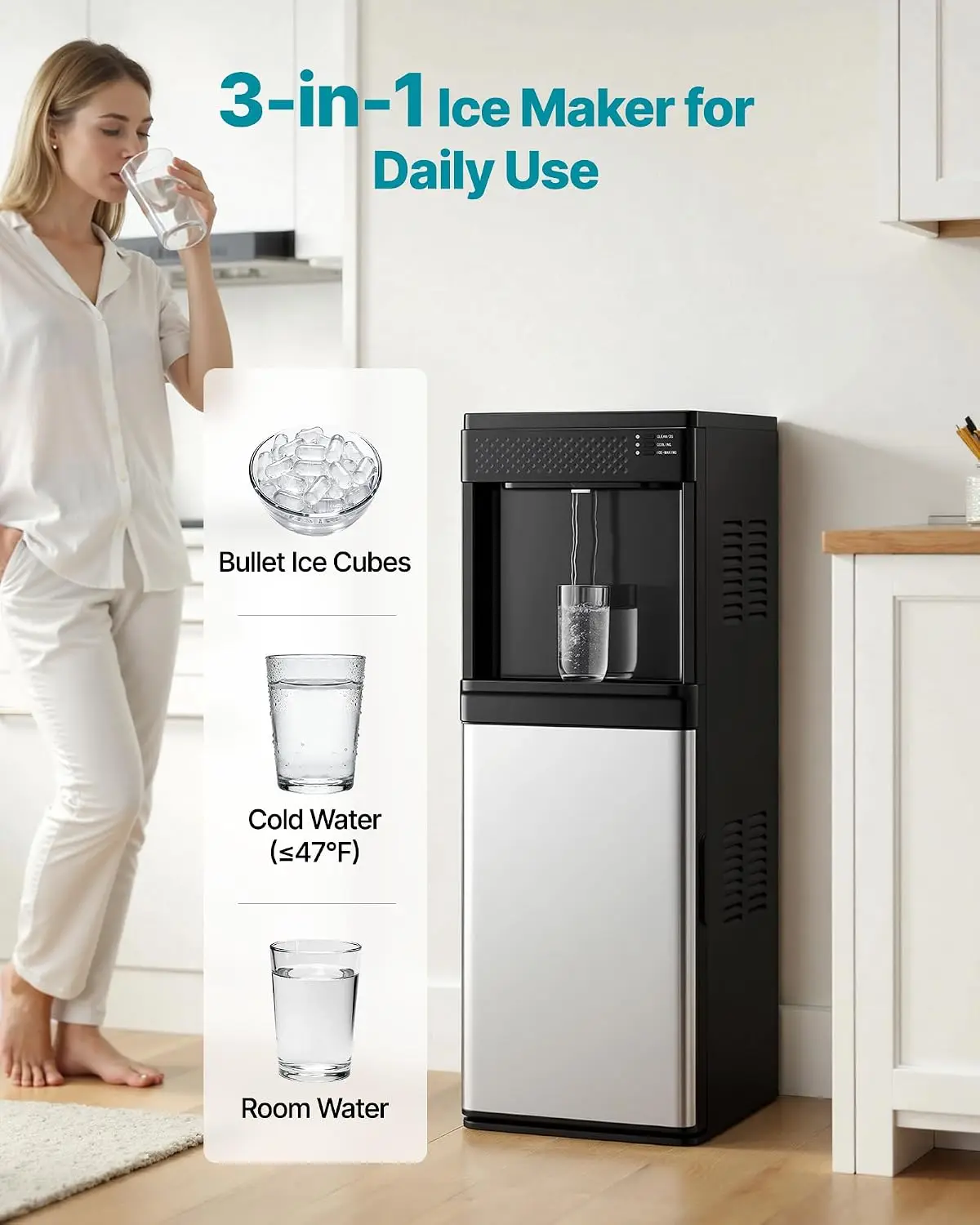 Water Dispenser with Ice Maker, 3-in-1 Floor-Standing Water Dispenser, 33 LBS/24H, 9 Cubes/7 Min Fast Ice Making with 1.3 LBS St