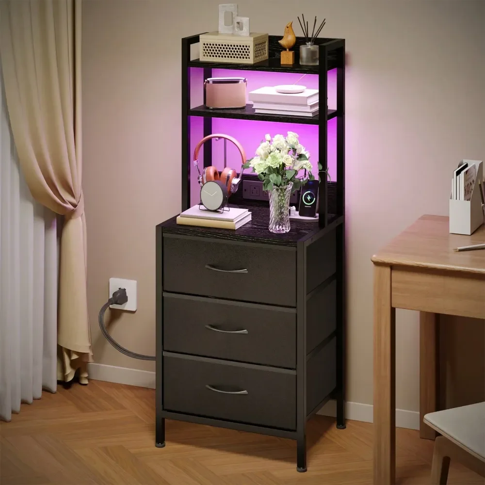 

41 Tall Dresser With 3 Drawers And Charging Station, Led Night Stand With USB Port Socket, 3 PU Finished Fabric Storage Drawers