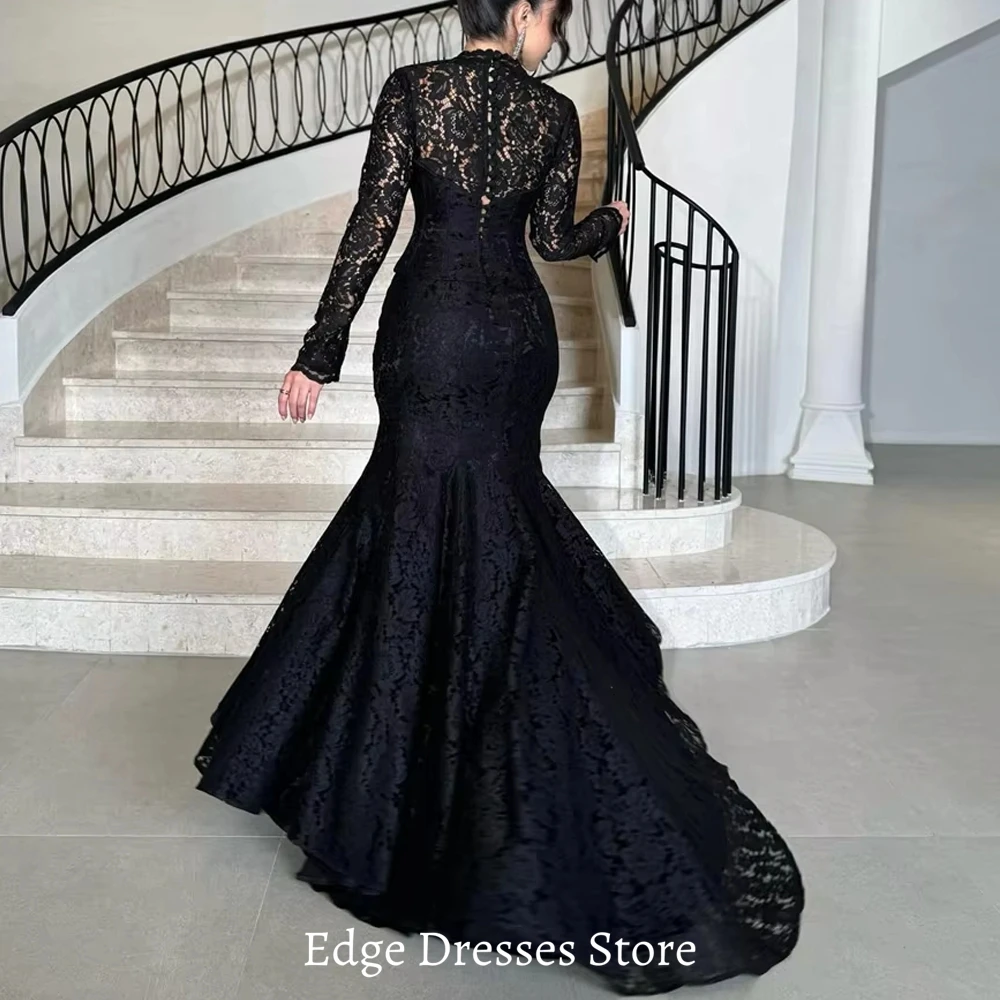 Black Lace Evening Dress Sexy Square Collar Long Sleeves Homecoming Dress Customized Buttons Back Mermaid Special Occasion Gowns