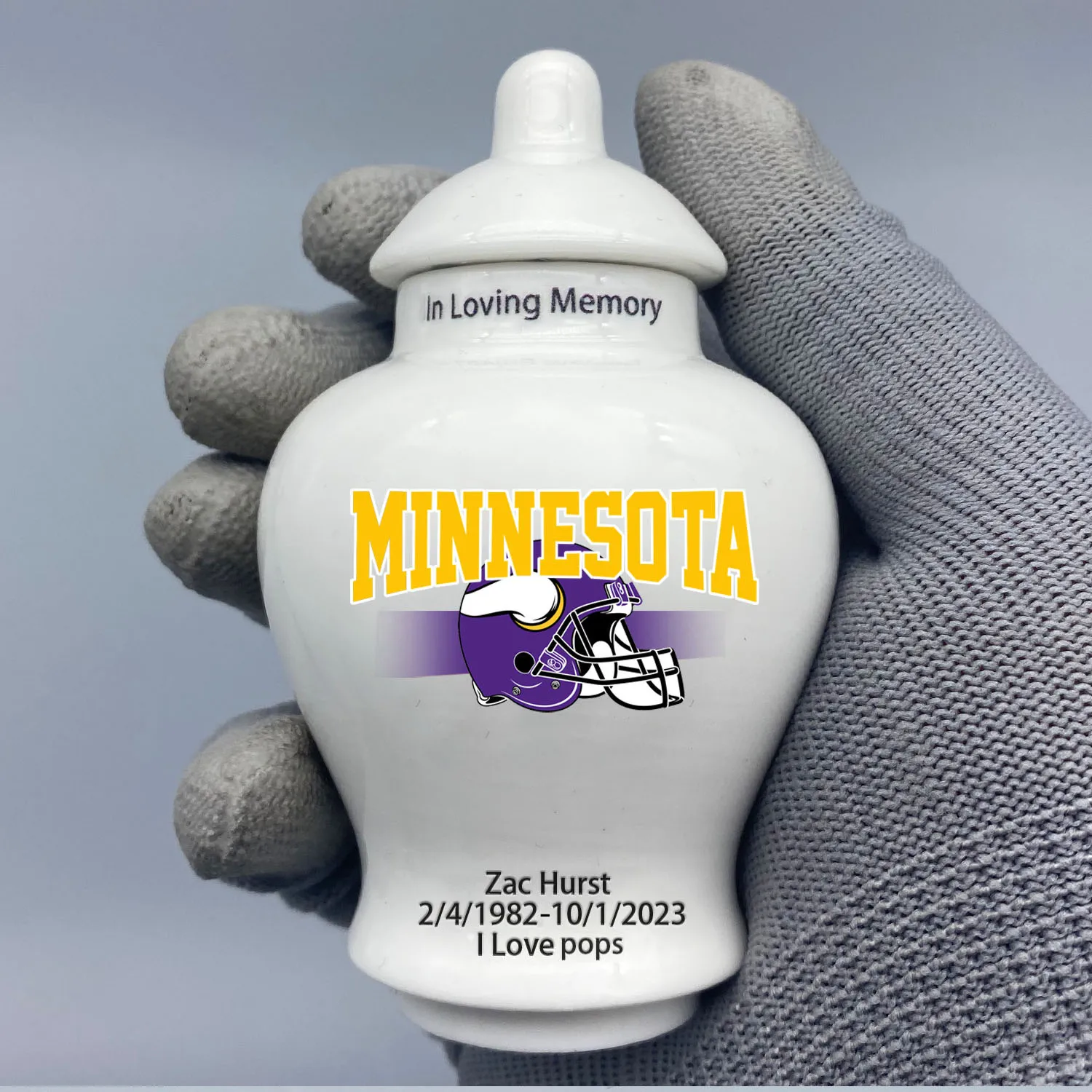 Mini Urn for Minnesota Vikings-themed Logo Urn.Please send me the customization information - name/date and number on the urn!