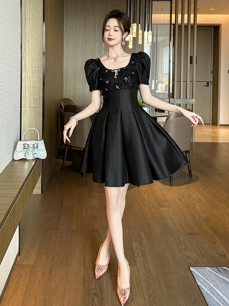 Exquisites Süßes Schwarzes Pailletten-Blumen-Abendkleid Damenkleidung Retro Swing Kurzes Kleid Damen Party Club Prom Vestidos Mujer
