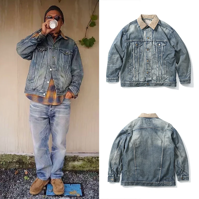 

Retro MDNS Wu Wen Le Denim Jaet Men's Loose Long Sve Vintage Waed Corduroy Collar Jeans Jaet Youth Spring Autumn
